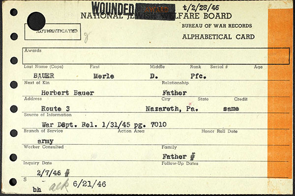 Merle D. Bauer Jewish Veteran War Record