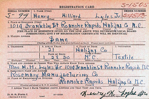 Henry H. Lyles Draft Card