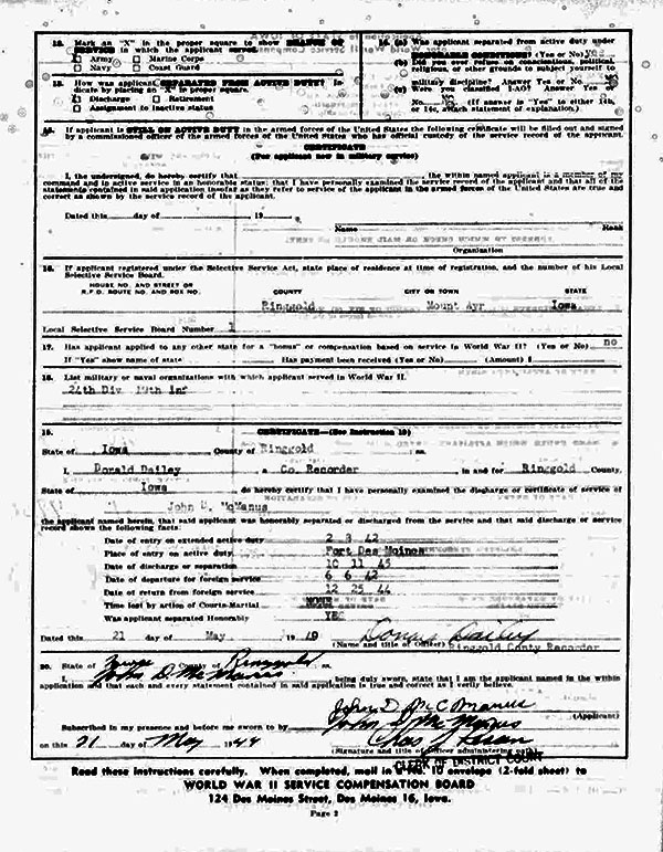 John D. McManus Military Bonus Application