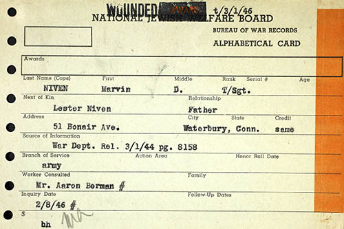 Marvin D. Niven Jewish Veteran Card