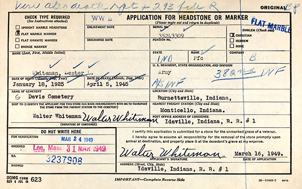 Lester L. Whiteman Grave Marker Application