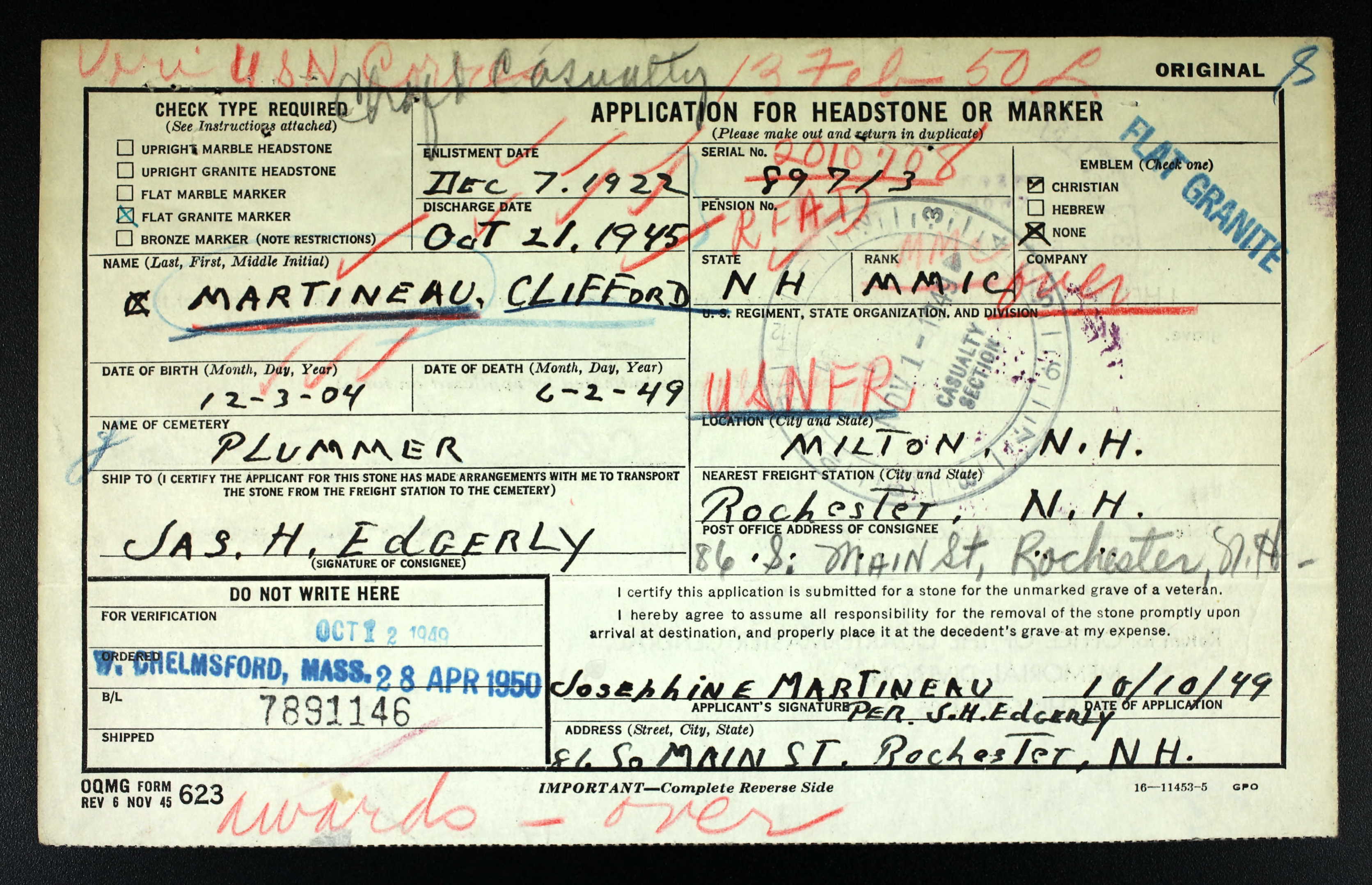 Grave Marker Order Form Clifford Martineau